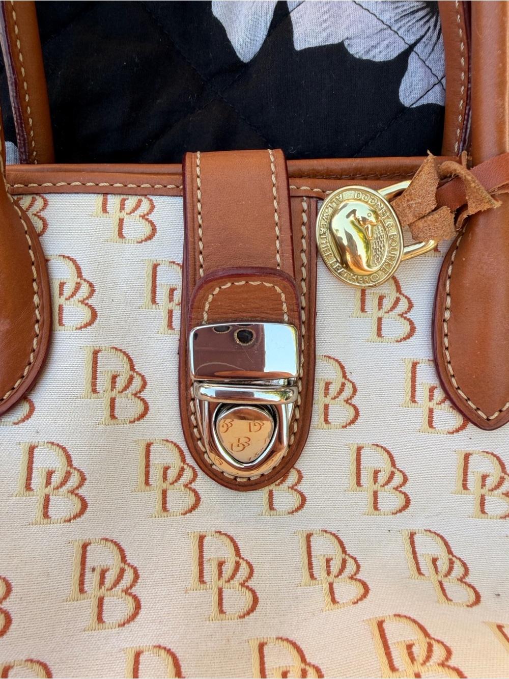 Dooney & Bourke Cream Signature Canvas Tote with Tan Leather Trim